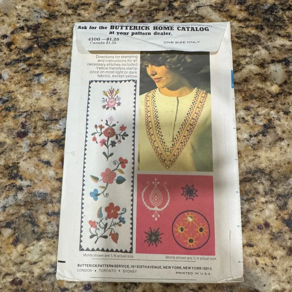 Vintage Butterick 4106 Embroidery Transfers Ethnic Floral Motifs One Size